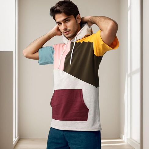 Mens Short Sleeve Hoodie Soft Cotton Color Block T-Shirt Sweatshirt Big Pocket Half Sleeve Summer Pullover in Saudi Arabia