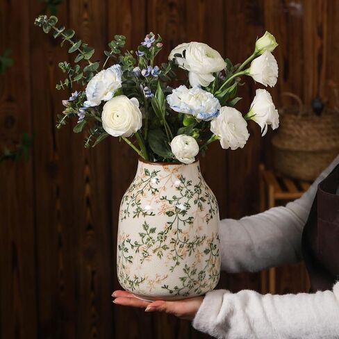 Rustic Vintage Ceramic Vase, 7.8 inch Beige and Green Floral Vase Chinoiserie Farmhouse Antique Decorative Flower Vases for Home Decor in Saudi Arabia