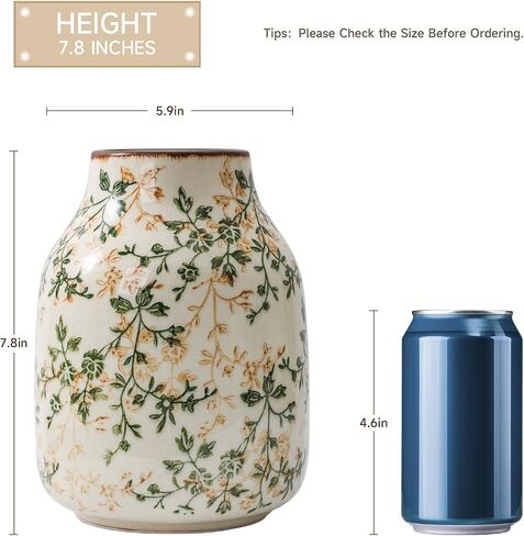 Rustic Vintage Ceramic Vase, 7.8 inch Beige and Green Floral Vase Chinoiserie Farmhouse Antique Decorative Flower Vases for Home Decor in Saudi Arabia