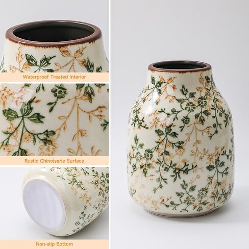 Rustic Vintage Ceramic Vase, 7.8 inch Beige and Green Floral Vase Chinoiserie Farmhouse Antique Decorative Flower Vases for Home Decor in Saudi Arabia