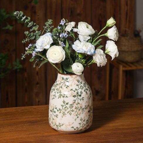 Rustic Vintage Ceramic Vase, 7.8 inch Beige and Green Floral Vase Chinoiserie Farmhouse Antique Decorative Flower Vases for Home Decor in Saudi Arabia