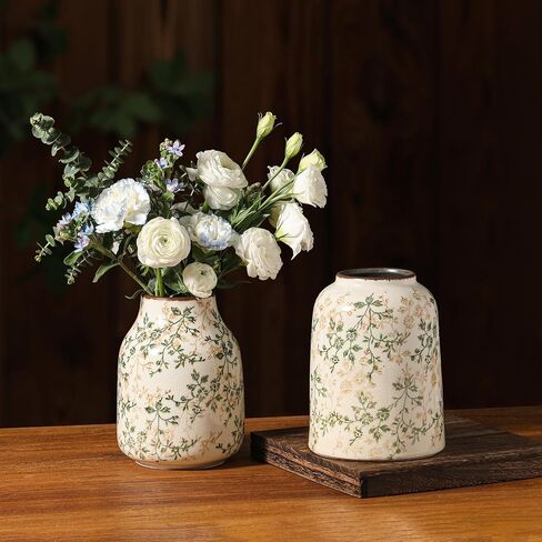 Rustic Vintage Ceramic Vase, 7.8 inch Beige and Green Floral Vase Chinoiserie Farmhouse Antique Decorative Flower Vases for Home Decor in Saudi Arabia