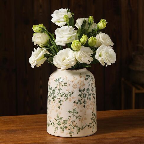 Rustic Vintage Ceramic Vase, 7.8 inch Beige and Green Floral Vase Chinoiserie Farmhouse Antique Decorative Flower Vases for Home Decor in Saudi Arabia