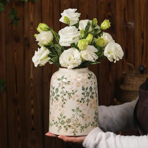 Rustic Vintage Ceramic Vase, 7.8 inch Beige and Green Floral Vase Chinoiserie Farmhouse Antique Decorative Flower Vases for Home Decor in Saudi Arabia