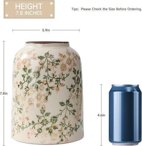 Rustic Vintage Ceramic Vase, 7.8 inch Beige and Green Floral Vase Chinoiserie Farmhouse Antique Decorative Flower Vases for Home Decor in Saudi Arabia