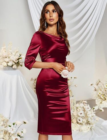 ذوي الياقات البيضاء المذهلة للسيدات 3/4 فستان حزب كوكتيل الساتان in Kuwait