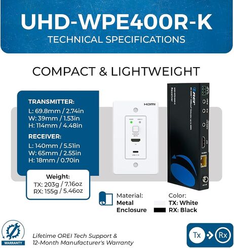 OREI 4K Wall Plate HDBaseT HDMI Extender, Over Single Cat6/Cat7 Cable Wall Plate Transmitter 4K @ 60Hz UltraHD with HDR & 2 Way IR Control - Up to 230 ft in Saudi Arabia