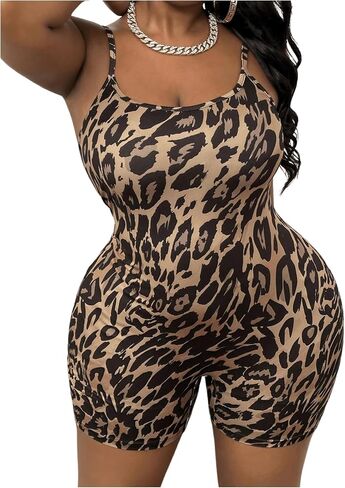 WDIRARA Women's Plus Size Leopard Print Romper Spaghetti Strap Shorts Jumpsuit in Kuwait
