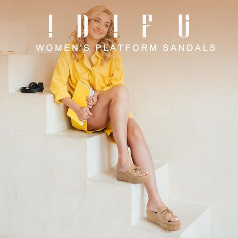 Idifu in2 Platform Standals مفتوحة اصبع الصنادل إسفين للنساء الأنسجة مع زلة سلسلة معدنية على شاطئ الصيف لطيف شريحة الشريحة أحذية مريحة أزياء مسطحة مسطحة الأوتار الفلين in Saudi Arabia