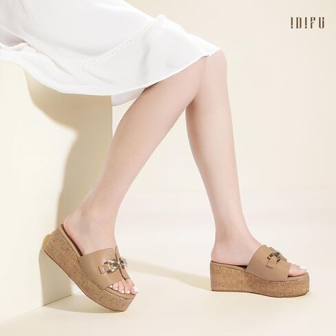 Idifu in2 Platform Standals مفتوحة اصبع الصنادل إسفين للنساء الأنسجة مع زلة سلسلة معدنية على شاطئ الصيف لطيف شريحة الشريحة أحذية مريحة أزياء مسطحة مسطحة الأوتار الفلين in Saudi Arabia