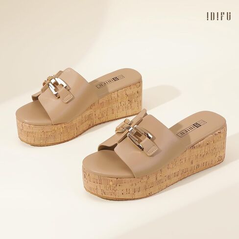 Idifu in2 Platform Standals مفتوحة اصبع الصنادل إسفين للنساء الأنسجة مع زلة سلسلة معدنية على شاطئ الصيف لطيف شريحة الشريحة أحذية مريحة أزياء مسطحة مسطحة الأوتار الفلين in Saudi Arabia