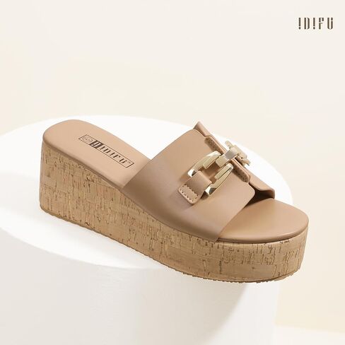 Idifu in2 Platform Standals مفتوحة اصبع الصنادل إسفين للنساء الأنسجة مع زلة سلسلة معدنية على شاطئ الصيف لطيف شريحة الشريحة أحذية مريحة أزياء مسطحة مسطحة الأوتار الفلين in Saudi Arabia