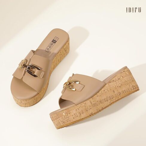 Idifu in2 Platform Standals مفتوحة اصبع الصنادل إسفين للنساء الأنسجة مع زلة سلسلة معدنية على شاطئ الصيف لطيف شريحة الشريحة أحذية مريحة أزياء مسطحة مسطحة الأوتار الفلين in Saudi Arabia