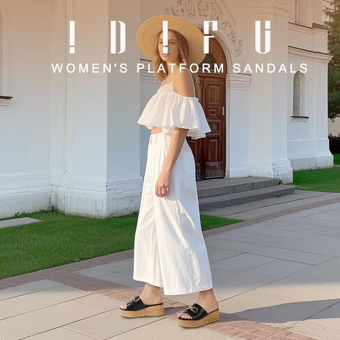 IDIFU IN2 Platform Sandals Open Toe Wedge Sandals for Women Dressy with Metal Chain Slip on Cute Summer Beach Chunky Slide Sandals Shoes Comfortable Fashion Casual Flatform Cork Wedges in Saudi Arabia