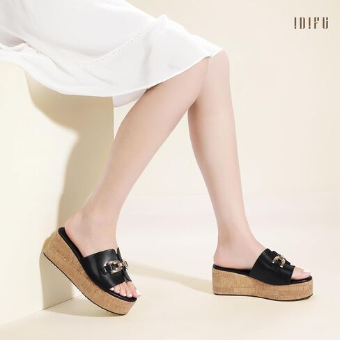 IDIFU IN2 Platform Sandals Open Toe Wedge Sandals for Women Dressy with Metal Chain Slip on Cute Summer Beach Chunky Slide Sandals Shoes Comfortable Fashion Casual Flatform Cork Wedges in Saudi Arabia