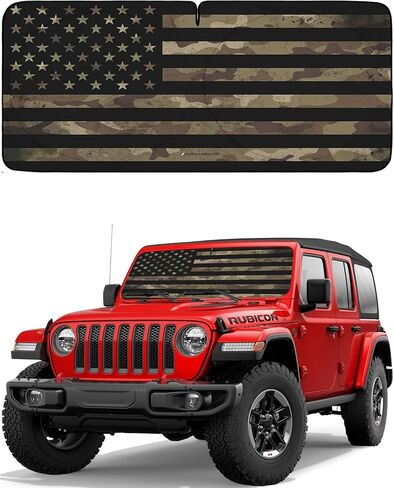 Autoamerics Jeepwwrangler 2 البط 1 قطعة الزجاج الأمامي الشمس الظل قابلة للطي نافذة أمامية نافذة أمامية - أفضل غطاء عاكس درع الحرارة - كتل أشعة UV الحد الأقصى وتحافظ على سيارتك باردة in Kuwait