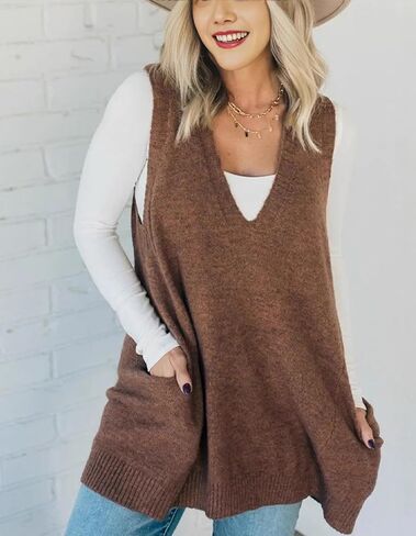 KARRESLY Womens Oversized Sleeveless Sweater Vest V Neck Loose Knit Casual Flattering Tank Top with Pockets in Saudi Arabia