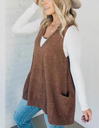 KARRESLY Womens Oversized Sleeveless Sweater Vest V Neck Loose Knit Casual Flattering Tank Top with Pockets in Saudi Arabia