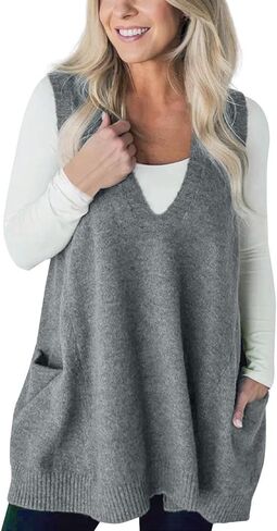 KARRESLY Womens Oversized Sleeveless Sweater Vest V Neck Loose Knit Casual Flattering Tank Top with Pockets in Saudi Arabia