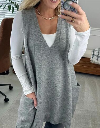 KARRESLY Womens Oversized Sleeveless Sweater Vest V Neck Loose Knit Casual Flattering Tank Top with Pockets in Saudi Arabia