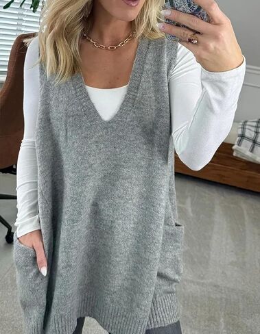 KARRESLY Womens Oversized Sleeveless Sweater Vest V Neck Loose Knit Casual Flattering Tank Top with Pockets in Saudi Arabia