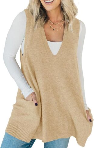 KARRESLY Womens Oversized Sleeveless Sweater Vest V Neck Loose Knit Casual Flattering Tank Top with Pockets in Saudi Arabia