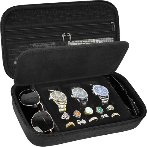 Jewelry Box Watch Case Organizer for Men and Women - Travel Display Boxes Storage with 3 Watch Compartments, 2 Glasses Slots, 10 Ring Holders, Mesh Pouch for Necklaces Bracelets Earring (Holder Only) in Kuwait