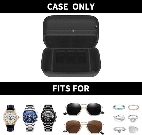 Jewelry Box Watch Case Organizer for Men and Women - Travel Display Boxes Storage with 3 Watch Compartments, 2 Glasses Slots, 10 Ring Holders, Mesh Pouch for Necklaces Bracelets Earring (Holder Only) in Kuwait