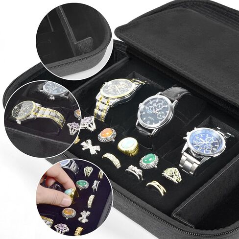Jewelry Box Watch Case Organizer for Men and Women - Travel Display Boxes Storage with 3 Watch Compartments, 2 Glasses Slots, 10 Ring Holders, Mesh Pouch for Necklaces Bracelets Earring (Holder Only) in Kuwait