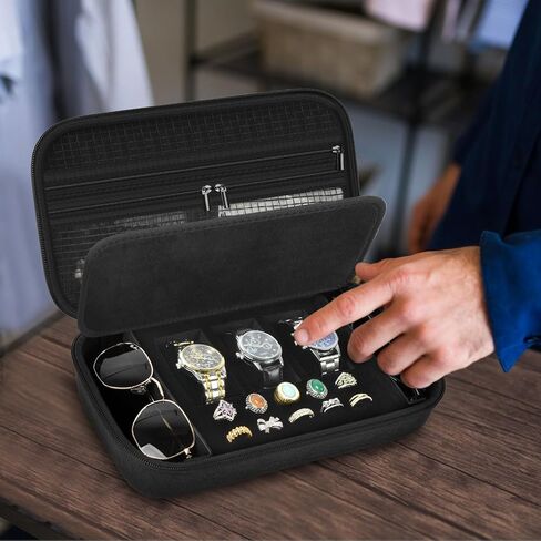 Jewelry Box Watch Case Organizer for Men and Women - Travel Display Boxes Storage with 3 Watch Compartments, 2 Glasses Slots, 10 Ring Holders, Mesh Pouch for Necklaces Bracelets Earring (Holder Only) in Kuwait