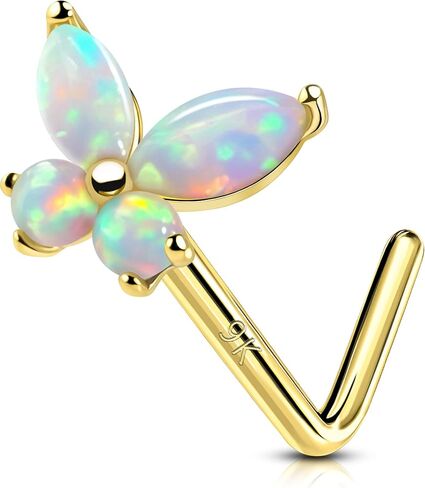OUFER Nose Rings Studs, 20G Nose Rings, 9K Solid Gold L Scew Shaped Nostril Piercing Jewelry, Shiny Opal Butterfly Nose Piercing Jewelry Nose Screw Studs For Women in Saudi Arabia