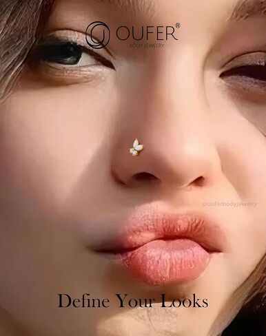 OUFER Nose Rings Studs, 20G Nose Rings, 9K Solid Gold L Scew Shaped Nostril Piercing Jewelry, Shiny Opal Butterfly Nose Piercing Jewelry Nose Screw Studs For Women in Saudi Arabia