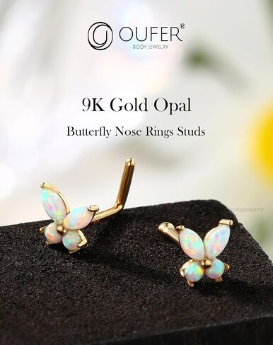 OUFER Nose Rings Studs, 20G Nose Rings, 9K Solid Gold L Scew Shaped Nostril Piercing Jewelry, Shiny Opal Butterfly Nose Piercing Jewelry Nose Screw Studs For Women in Saudi Arabia