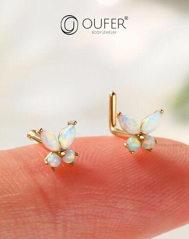 OUFER Nose Rings Studs, 20G Nose Rings, 9K Solid Gold L Scew Shaped Nostril Piercing Jewelry, Shiny Opal Butterfly Nose Piercing Jewelry Nose Screw Studs For Women in Saudi Arabia