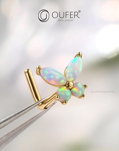 OUFER Nose Rings Studs, 20G Nose Rings, 9K Solid Gold L Scew Shaped Nostril Piercing Jewelry, Shiny Opal Butterfly Nose Piercing Jewelry Nose Screw Studs For Women in Saudi Arabia