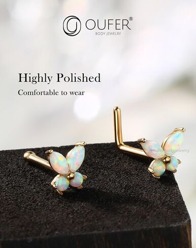 OUFER Nose Rings Studs, 20G Nose Rings, 9K Solid Gold L Scew Shaped Nostril Piercing Jewelry, Shiny Opal Butterfly Nose Piercing Jewelry Nose Screw Studs For Women in Saudi Arabia