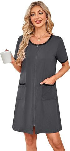 نساء سحاب رداء قصير الأكمام رداء الاستحمام خفيف الوزن بلون بلوك كوكان بيوبون مع جيوب in Kuwait