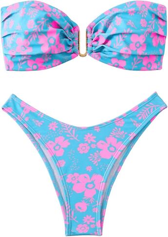 SHENHE Women's 2 Piece Strapless Swimsuit U Wire Floral Tie Back Ruched Bandeau Bikini with Thong Set in Saudi Arabia