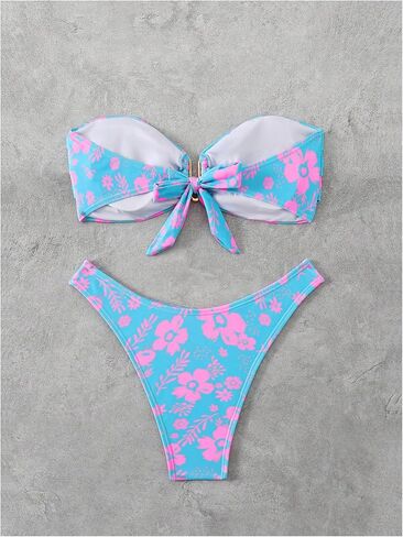 SHENHE Women's 2 Piece Strapless Swimsuit U Wire Floral Tie Back Ruched Bandeau Bikini with Thong Set in Saudi Arabia