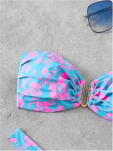 SHENHE Women's 2 Piece Strapless Swimsuit U Wire Floral Tie Back Ruched Bandeau Bikini with Thong Set in Saudi Arabia