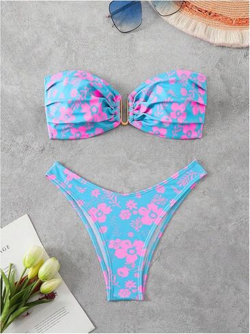 SHENHE Women's 2 Piece Strapless Swimsuit U Wire Floral Tie Back Ruched Bandeau Bikini with Thong Set in Saudi Arabia