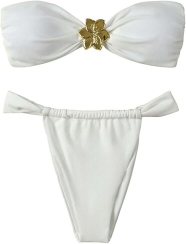 SHENHE Women's 2 Piece Strapless Swimsuit U Wire Floral Tie Back Ruched Bandeau Bikini with Thong Set in Saudi Arabia