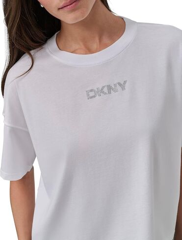 DKNY womens Short Sleeve Rhinestone Logo Relaxed Cropped Tee in Saudi Arabia