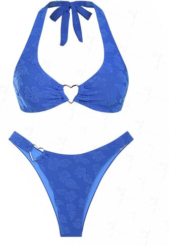 Seamoly Floral Terry Cloth Jacquard Ring Ring Decor Decor Halter Cheeky Bikini in Saudi Arabia