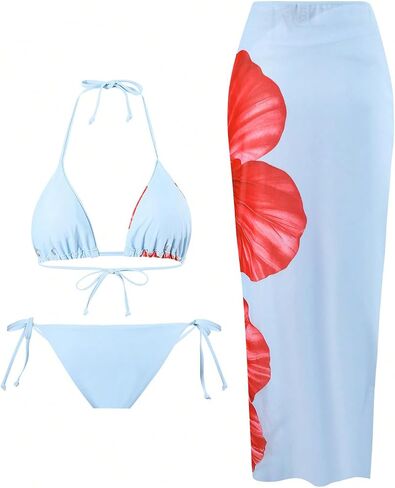 SHENHE Women's 3 Piece Cheetah Bikini Set Floral Triangle Halter String Swimsuits with Cove Up in Saudi Arabia