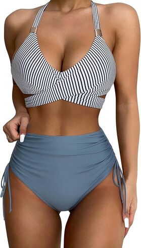 SUUKSESS Womens High Waisted Bikini Sets Tummy Control Drawstring Tie Knot Swimsuit in Kuwait
