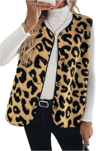 GORGLITTER Women's Cheetah Print Fleece Button Down Vest Coat V Neck Sleeveless Fleece Outerwear in Saudi Arabia