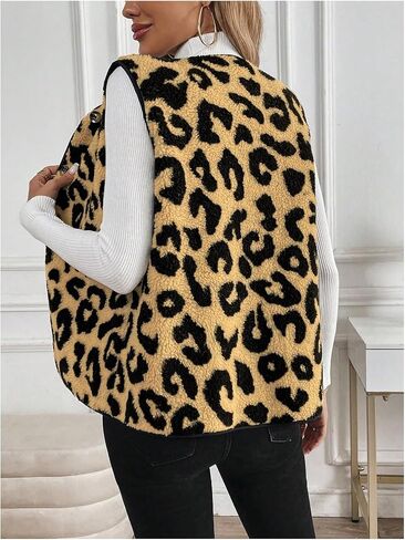 GORGLITTER Women's Cheetah Print Fleece Button Down Vest Coat V Neck Sleeveless Fleece Outerwear in Saudi Arabia
