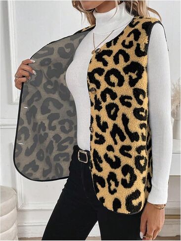 GORGLITTER Women's Cheetah Print Fleece Button Down Vest Coat V Neck Sleeveless Fleece Outerwear in Saudi Arabia