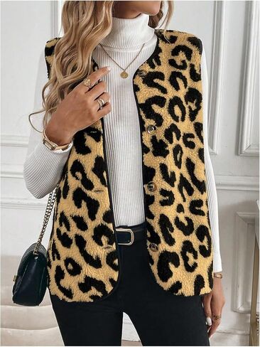GORGLITTER Women's Cheetah Print Fleece Button Down Vest Coat V Neck Sleeveless Fleece Outerwear in Saudi Arabia